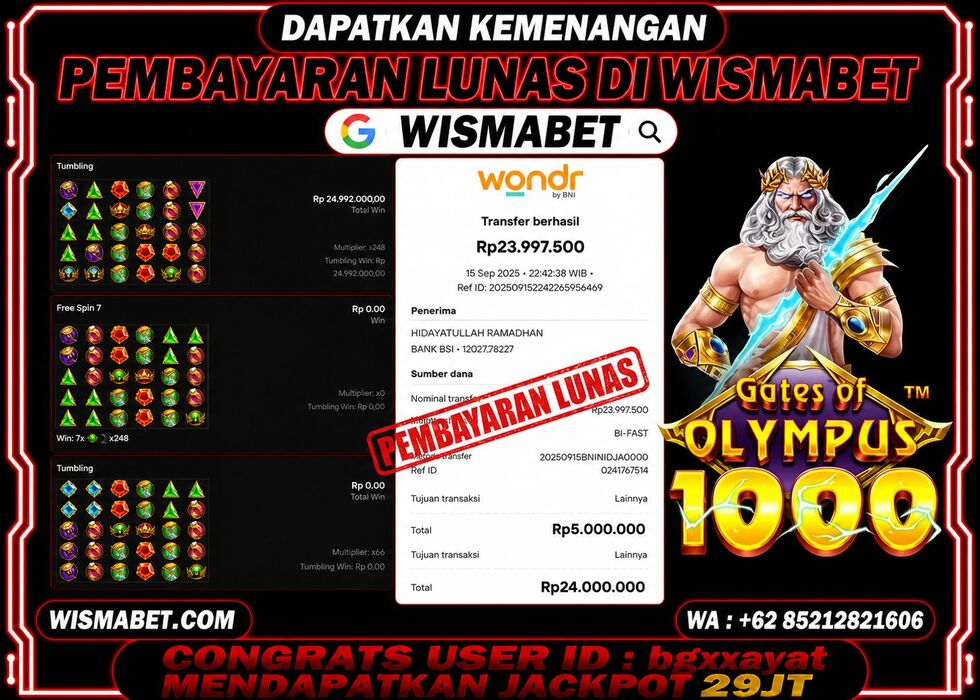 Wismabet - BUKTI KEMENANGAN Gates Of Olympus 1000x Rp29,000,000,- LUNAS